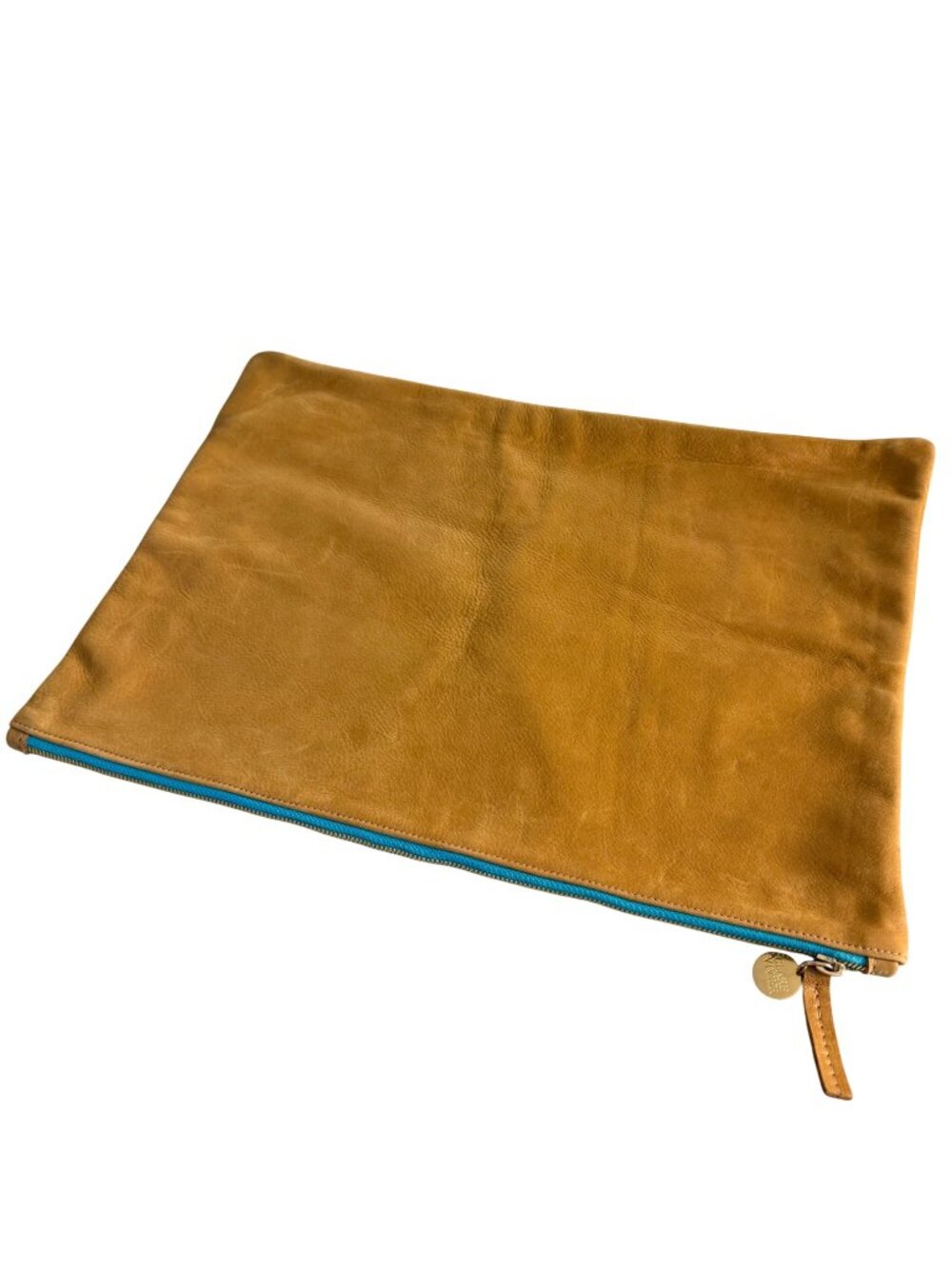 Clare V. Clare Vivier XL Leather Foldover Clutch Tan Turquoise Mint Inside EUC